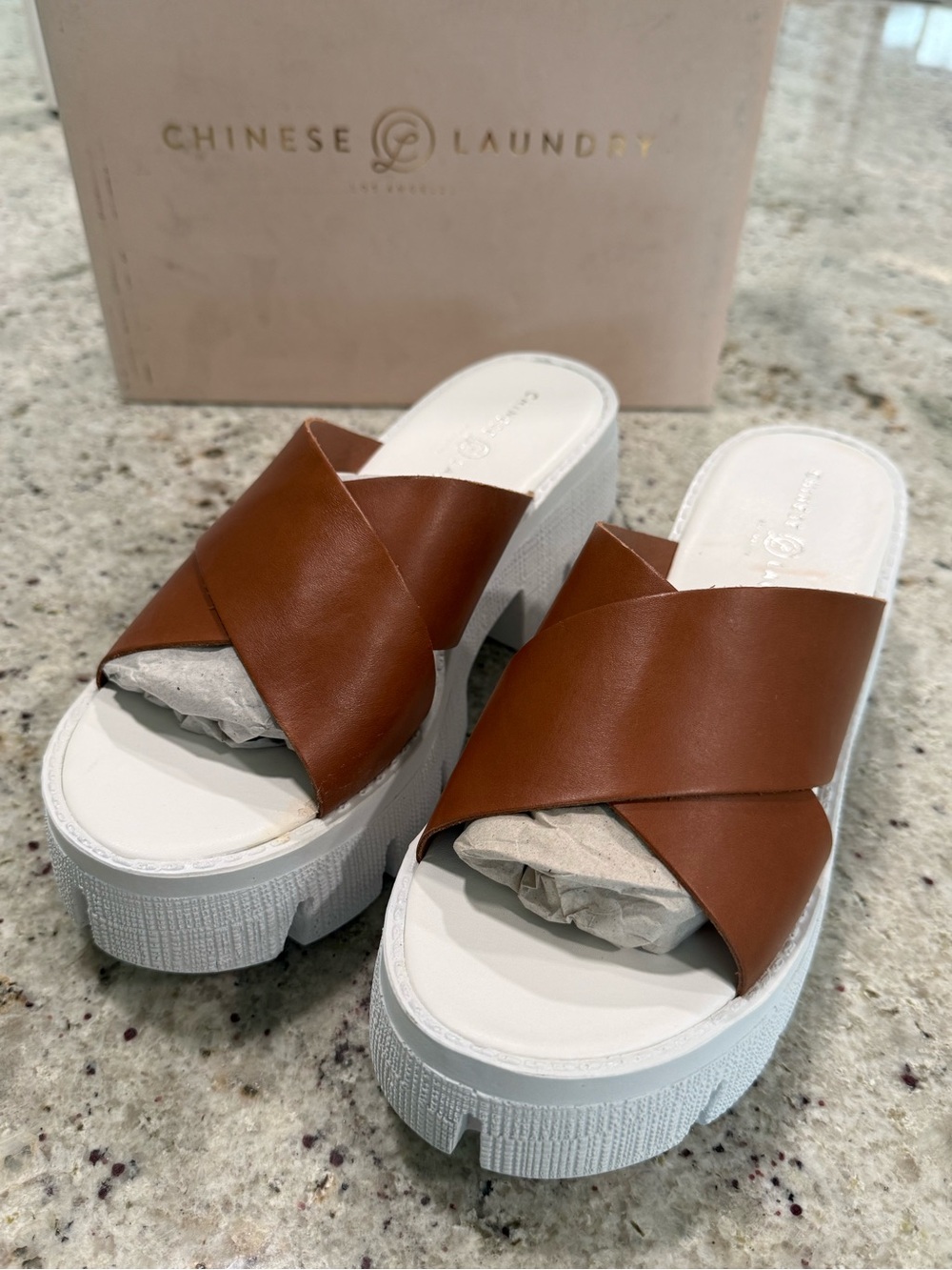Chinese Laundry Brown Leather Crisscross Platform Mules with White Sole "NIB"